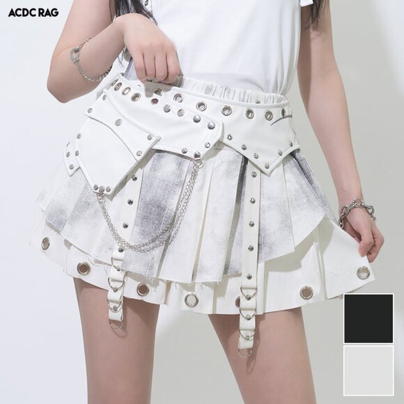 ACDC RAG - Nightmare White Leather Pleated Skirt - Picture 2 of 9